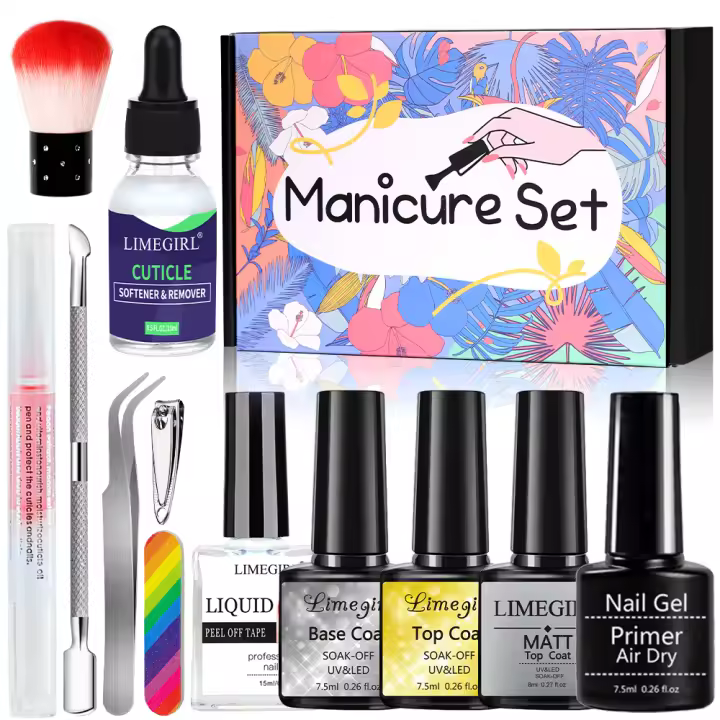 Set de Función de Uñas y Eliminación Potente con Removedor de Esmalte de Uñas/Antideslizante/Suavizante de Piel Muerta/Sellante/Primerio de Marca Limegirl - 1