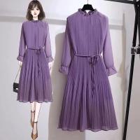 Vestido morado de gasa con volantes y cuello plisado elegante con cordones para mujer, moda coreana, corte en A, hasta la rodilla, 2024 - details 1