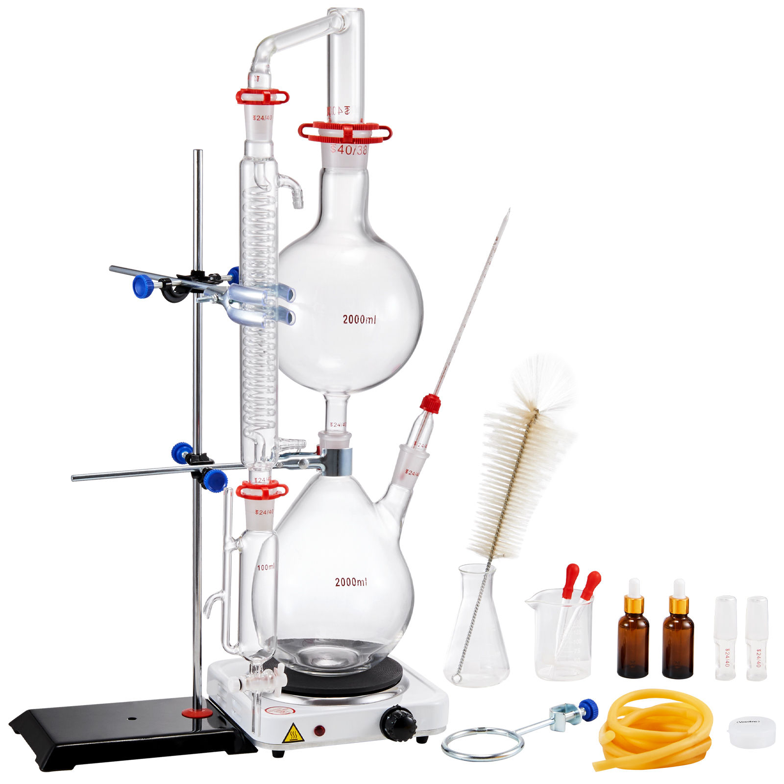 SucceBuy Kit de destilación de aceites esenciales de 2000 ml, aparato de cristalería de laboratorio 3.3 Boro con placa calefactora de 1000 W, junta 24/40, juego completo de 28 piezas