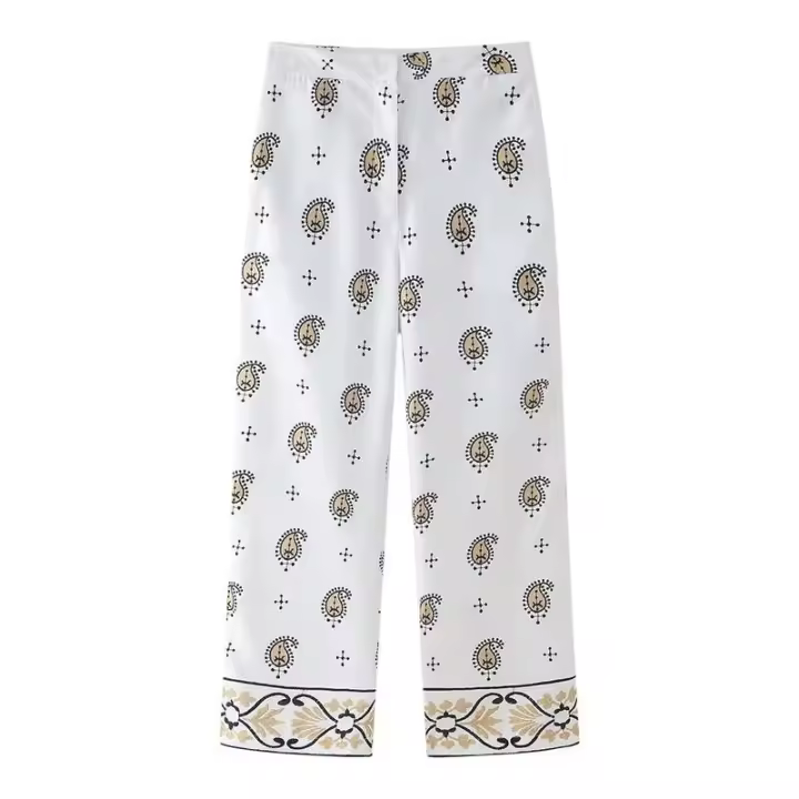 BUNO-pantalones de pierna ancha para mujer, pantalón largo recto y holgado con bordado de flores de anacardo, elegante, cintura alta, moda de verano, 2025 - 1