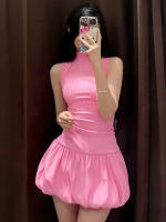 Vestido Mini Dulzura Ribbed Sin Mangas Patchwork Bollo Sólido Espalda Descubierta Cálido Club Streetwear Para Mujer - details 19