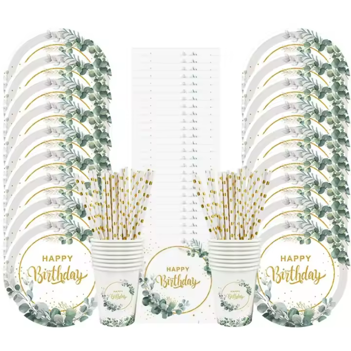 Juego de vajilla desechable de hoja de eucalipto verde, plato de papel, taza, servilleta, decoración para fiesta de feliz cumpleaños, suministros de baño para bebé, 85 Uds. - 1