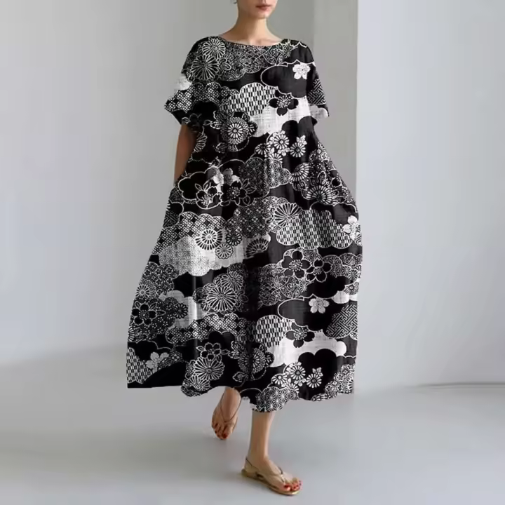 Elegante Vestido de Verano con Estampado de Pescado Cuello Redondo, Talla Grande, Moda Casual para Mujeres - 1