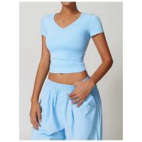 Top corto de manga corta con cuello en V para mujer, camiseta ajustada de yoga, camiseta deportiva de alta elasticidad, top de fitness - details 5
