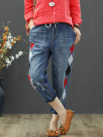 Vaqueros Elegantes de Verano para Mujer 2023 Diseño Bordado Holes Sueltos y Elásticos Pantalones Harem Pinchas de Algodón Denim Rasgado Vintage para Mujer Apto para Primavera/Verano - details 5