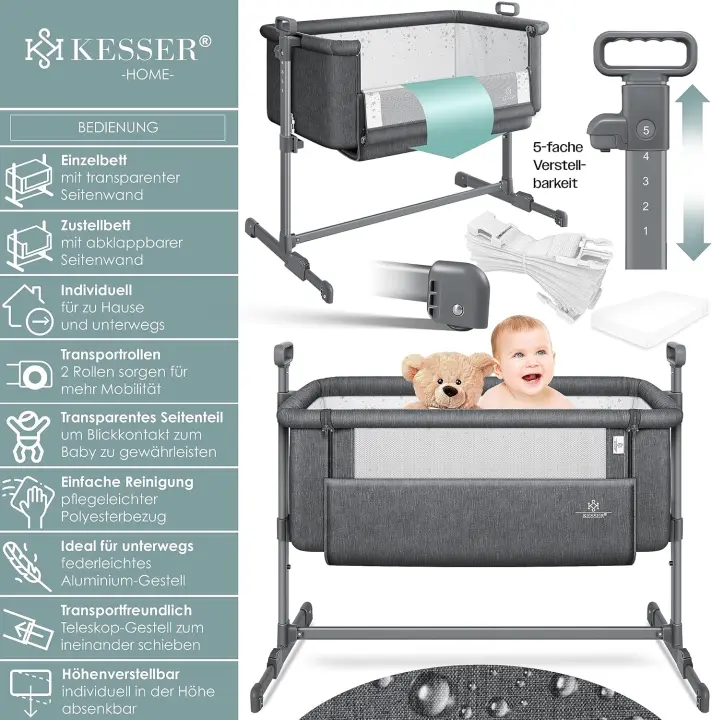 Cama de Sueño para Bebé Almohada Blanda Con Ruedas Ajuste de Altura en 5 Posiciones - 1