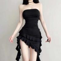Vestido Negro sin Correas de Moda de Verano Vestido de Manga Irregular con Volantes para Mujeres - details 9