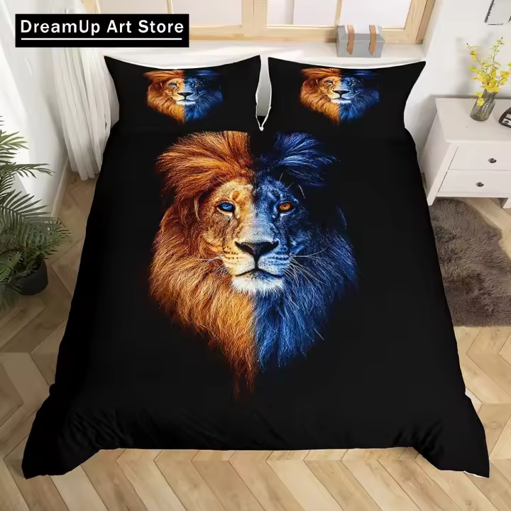 Juego de Ropa de Cama de León Negro y Rosa Cubierta de Edredón, Funda de Almohada para Adultos - 1