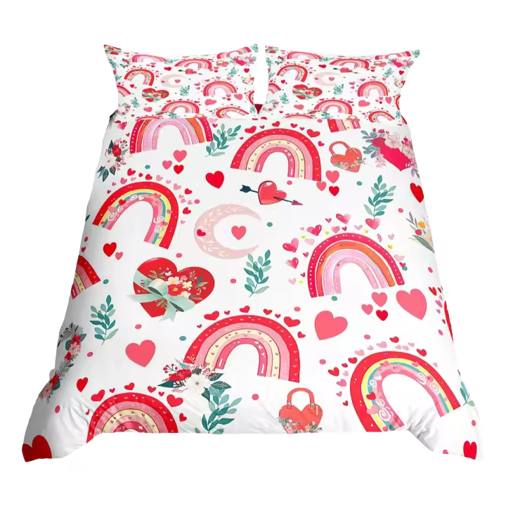 Juego de Cubierta de Edredón de Corazón de Amor de Arco Iris Tamaño Twin Material de Poliéster - 1