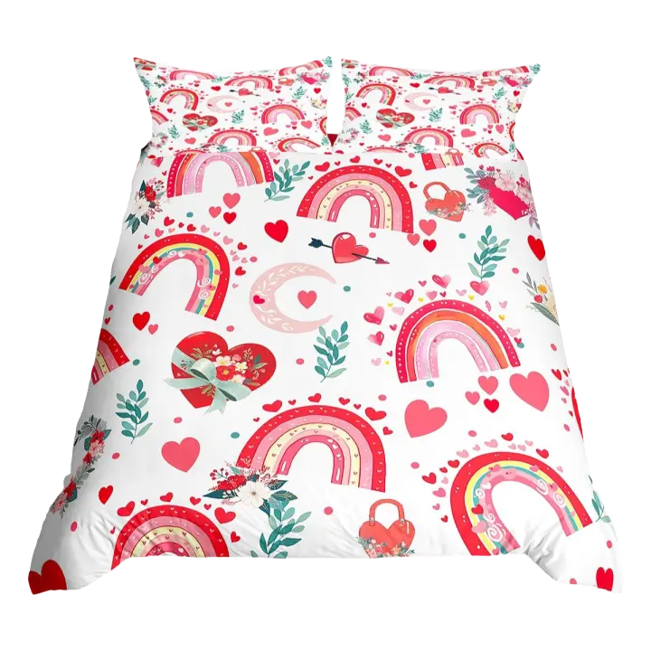 Juego de Cubierta de Edredón de Corazón de Amor de Arco Iris Tamaño Twin Material de Poliéster - 1