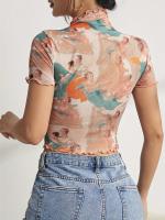 Nueva camiseta de manga corta elegante con estampado de malla, camisetas de manga corta con ribete de oreja de madera para mujeres - details 15