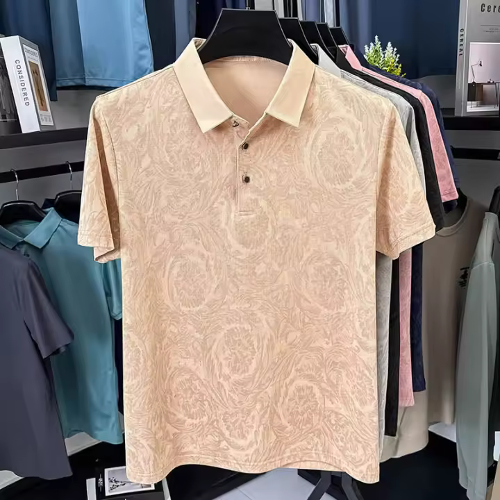Polo para hombre con cuello, media manga de seda helada, diseño fino, informal y versátil, camiseta de negocios de manga corta para hombre - 1