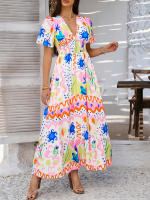 2025 Primavera / Verano Casual Bomisia Vacaciones Estilo Estampado Contraste Color Cuello en V Cintura alta Vestido de manga corta - details 15