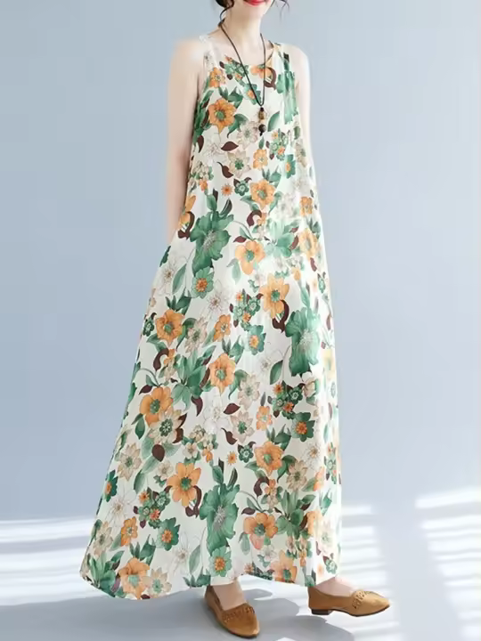 Vestido Floral Vintage de Algodón sin Mangas Vestido Largo de Verano Suelto y Elegante para Mujeres - 1