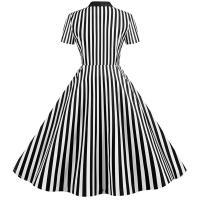 Polka dot print women summer short sleeve striped bow elegant vintage 50s party dress - details 22