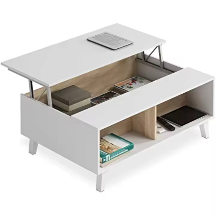 Mesa de centro elevable comedor salón, mesita mueble salon comedor acabado en Blanco Brillo y Roble , Medidas: 100 cm (largo) x 38/48 cm (alto) x 68 cm (fondo) - 1