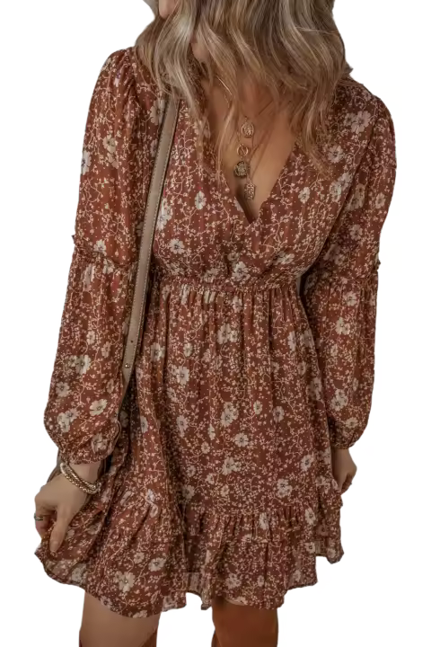 Elrachen Mini vestido bohemio floral con volantes y manga abullonada con cuello en V para mujer, marrón, tallas S-XL - 1