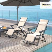 Set de 2 Tumbonas Jardín Exterior Plegables con Mesa Auxiliar Portavasos Tumbonas de Gravedad Cero con Respaldo Ajustable Reposabrazos Extraíble para Patio Piscina Terraza Exterior Beige - details 1