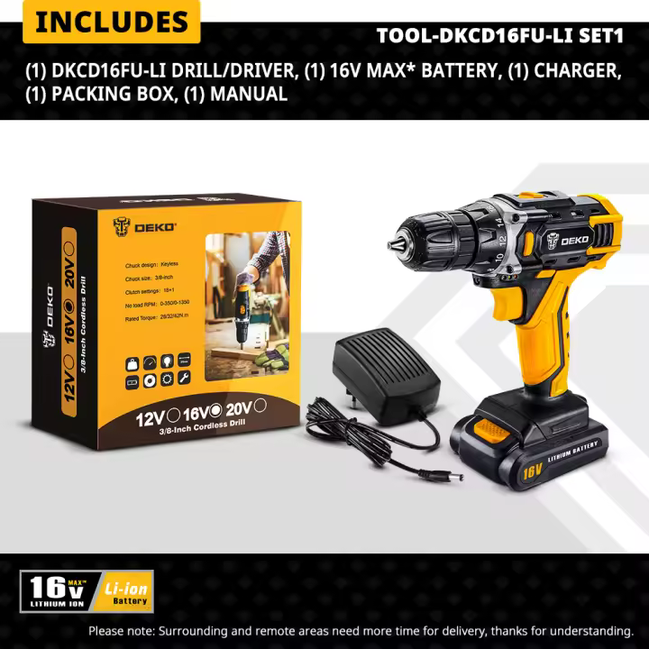 DEKO-taladro eléctrico inalámbrico de 12V/16V/20V, 2 velocidades, 18 + 1 configuración de par, herramientas eléctricas de mandril sin llave con batería de iones de litio - 1