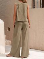 Conjunto de chaleco de cuello redondo y pantalones de pierna ancha para mujer, elegante, de dos piezas, color sólido, 2025 - details 4