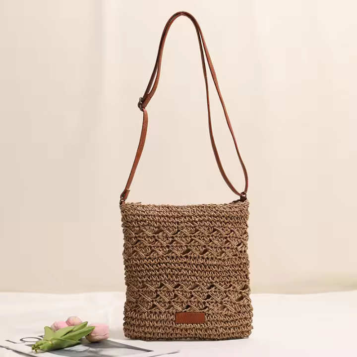 Bolso de paja cruzado de estilo fresco, bolso tejido vertical, bolso de playa de vacaciones, bolso de hombro versátil para mujeres - 1