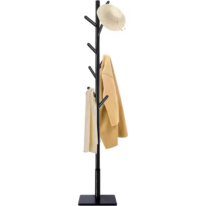 Perchero de Pie en Forma de Árbol Madera Maciza, 8 Ganchos, Base Cuadrada con Almohadilla Antideslizante 180 cm, Negro, 1-Pack - 1