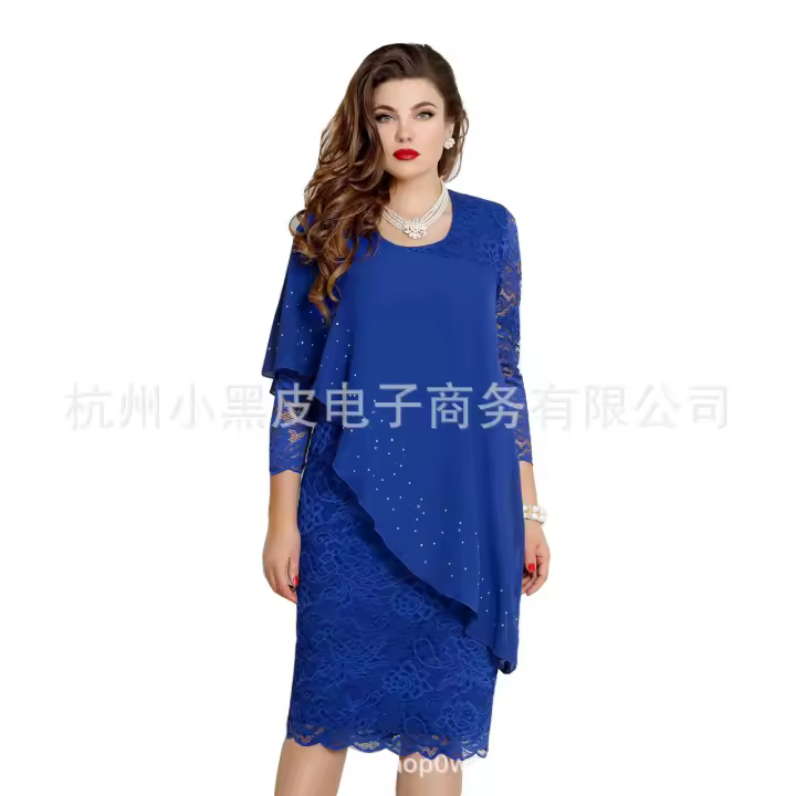 Vestido de noche de encaje de talla grande para mujer, color sólido, patchwork, elegante, manga 3/4, ajustado - 1