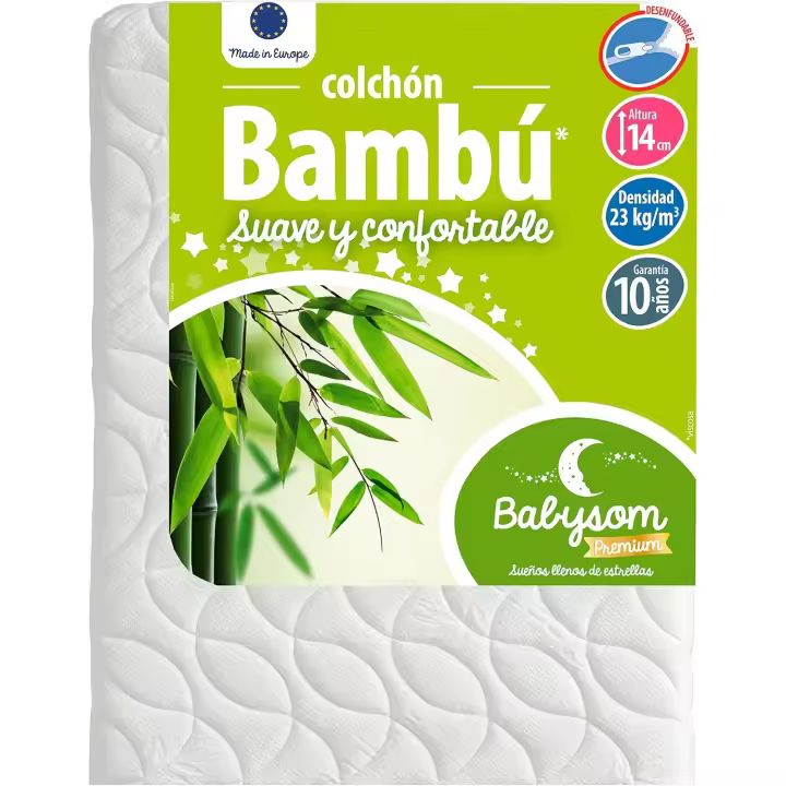 Babysom - Colchón Cuna Bebé Bambú - 60x120 cm - Natural - Altura 14 cm - Antiácaros - Antiasfixia - Transpirable - Reglaje Térmico - Desenfundable - 1
