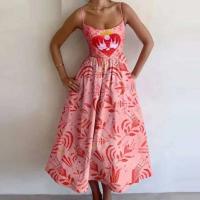 Novedad de verano, estampado de peces y camarones de moda para mujer, cuello en U, cintura plisada con tirantes grandes, vestido largo sexy - details 5