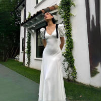 BUNO-Vestido largo con lazo para mujer, prenda de cintura alta, manga corta, elegante, ajustado, para fiesta - details 5