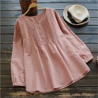 Camisa de lino y algodón para mujer, blusas casuales de talla grande, camisas holgadas de manga larga con cuello redondo, blusa vintage Lisa Haruku - details 9