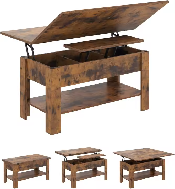 Mesa de Centro Regulable en Altura, Almacenamiento Oculto, 3 en 1, Multifunción, Mesa de Salón, Mesa de Café, Compartimento Abierto, Mesa de Comedor, para Salón, Oficina, Marrón - 1