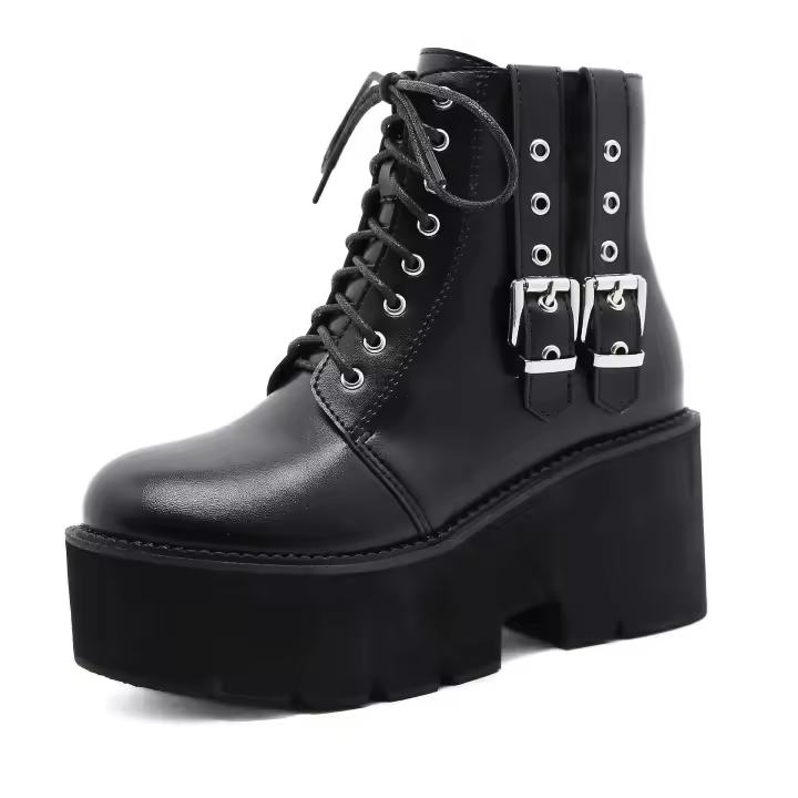 Dropshipping Logo negro estilo gótico bloque tacones altos zapatos hebilla de Metal grande botas de mujer de fondo grueso - 1