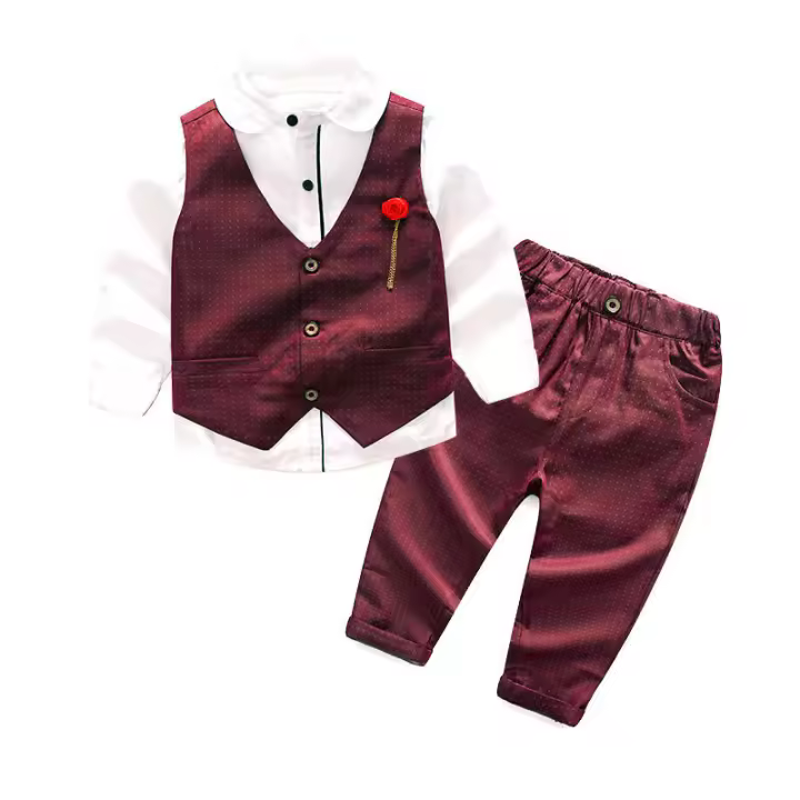 Conjunto de tres piezas de moda infantil para otoño: chaleco, traje formal para niños, cárdigan de manga larga de algodón con boutonniere. - 1