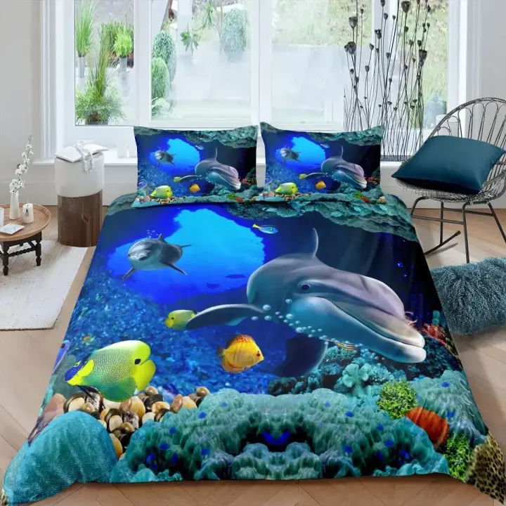 Juegos de cama tamaño King con diseño de delfín 3D en azul marino, juego de funda nórdica individual con diseño de animales, ropa de cama de poliéster para niños y adultos - 1