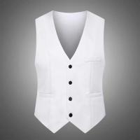 Chaleco Formal sin mangas con bolsillos, traje masculino de un solo pecho, chaleco informal para fiesta, Bar, vestido de banquete, chaleco de traje de Color sólido - details 2