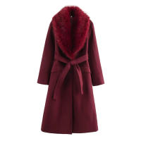TRAFZA mujer nueva moda elegante manga larga bolsillo Casual prendas de vestir exteriores mujer invierno otoño cuello de piel cinturón decorar chaqueta abrigo - details 2