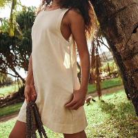 Blusa de lino y algodón estilo verano 2025 para mujer con abertura en la espalda, minivestido sólido colorido en varios colores - details 6