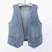 Chaleco Denim Retro Coreano Cuello en V, Ajuste Ajustado, Sin Mangas, Moda para Mujeres 2024 T380 - details 2