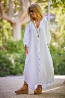 Vestido de Lino y Algodón Blanco Cuello Largo V Casual Suelto Medio Largo Mangas de Siete Cuartos - details 16