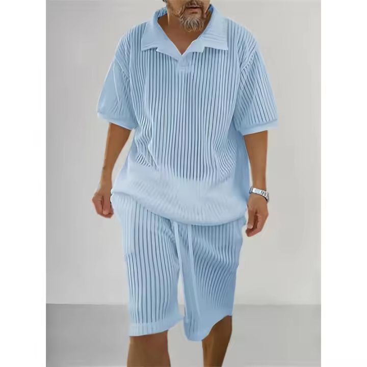 Conjunto de punto de 2 piezas para hombre, camisa de manga corta de verano y pantalones cortos, pantalones de traje, camiseta - 1