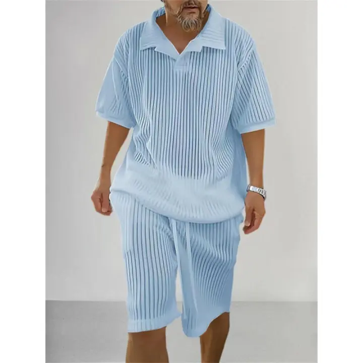 Conjunto de punto de 2 piezas para hombre, camisa de manga corta de verano y pantalones cortos, pantalones de traje, camiseta - 1
