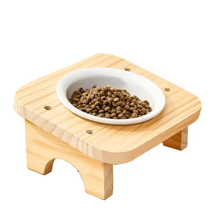 Cuenco de cerámica para gatos con soporte de madera, protege la columna Cervical, 1/2/3 cuencos, plato inclinado para gatos, alimentador elevado antideslizante desmontable para mascotas - 1