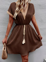 DamasVVestido de manga larga con cuello de linternas, vestido de camisa de longitud media con borla, cinturón, Vestido de playa - details 10