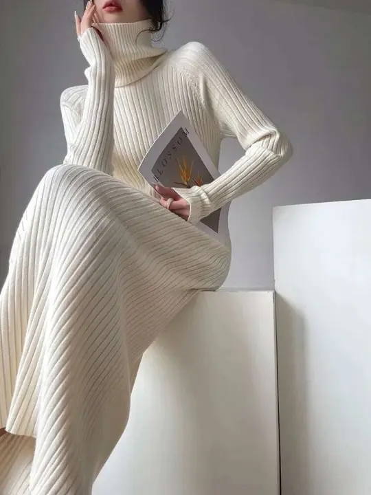 Vestido negro de cuello alto para mujer, vestido Midi elegante ajustado de punto para oficina para otoño e invierno, ropa de calle Y2K, Vestidos básicos de manga larga - 1