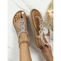 Sandalia punta redonda de gran tamaño ahuecada parte inferior plana estilo diamantes de imitación zapatos de mujer cómodos verano - details 9