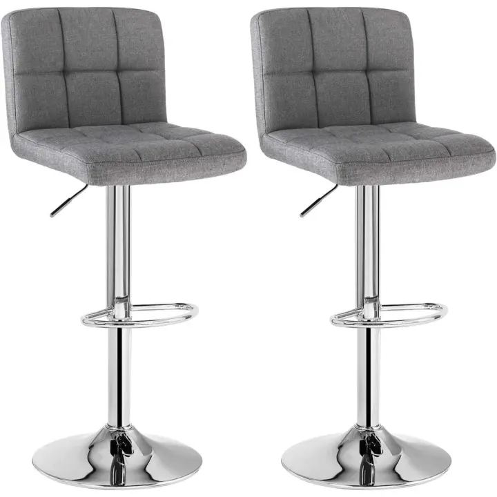 Taburete de Bar Juego de 2, Sillas de Bar Regulables en Altura con Superficie de Lino, Taburete de Cocina Giratorio en 360 °   con Respaldo y Reposapiés, Acero Cromado, Gris LJB14G - 1