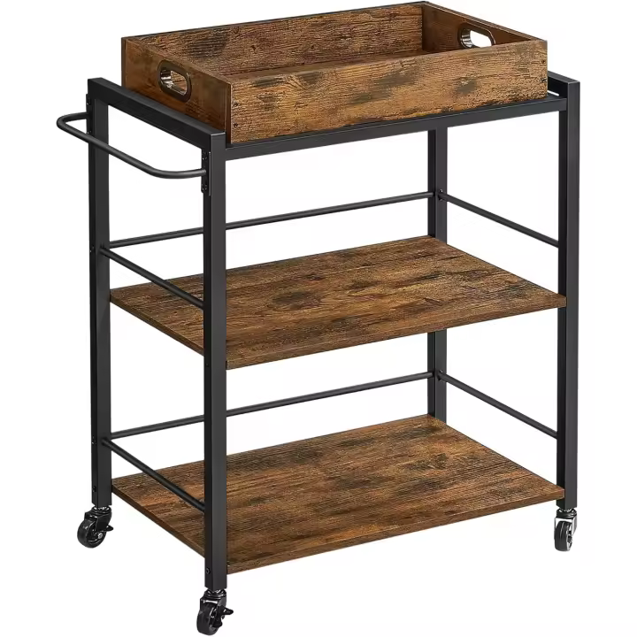 Carrito de Cocina, Carrito Auxiliar con Ruedas, con Bandeja Extraíble, Ruedas Universales, Marco de Acero, Estantería de Cocina, 40 x 72 x 86 cm, Marrón Rústico y Negro Tinta LRC72X - 1