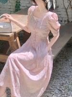 Vestido de princesa rosa floral para mujer, nuevo estilo, temperamento de alta gama, cuello cuadrado francés, estilo de vacaciones en la playa, verano 2025 - details 2