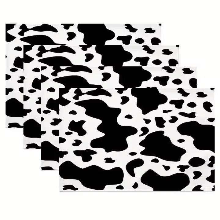 4 manteles individuales con estampado, manteles lavables con estampado de vaca en blanco y negro, temáticos para festivales, banquetes, mesas de comedor y - 1